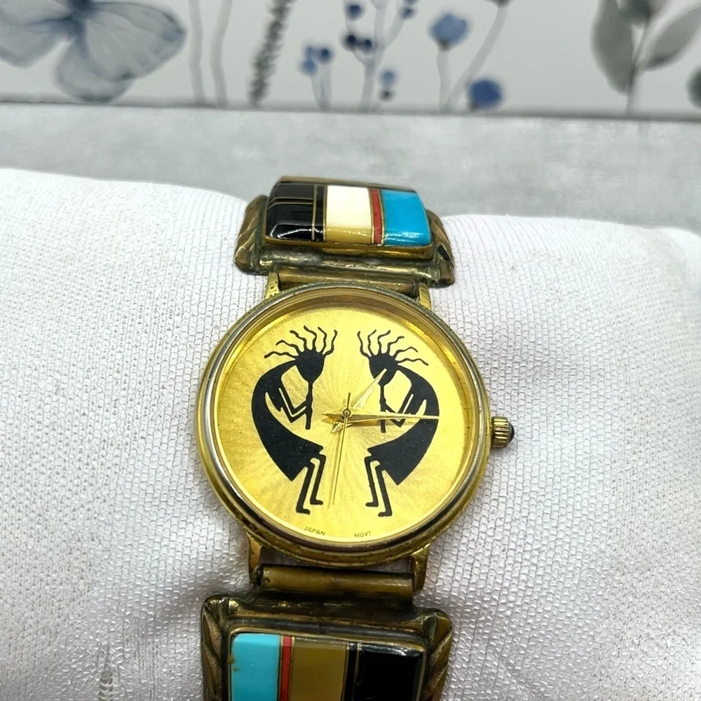 Watch Tip Albert Yazzie Gold Watch 925 Colorful Turquoise Onyx MOP Coral VTG